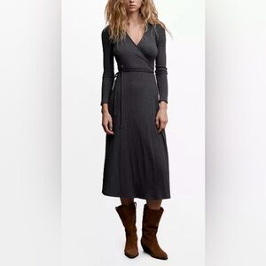 MANGO Committed Wrap Dress Charcoal Gray Midi Sustainable NWT US 6